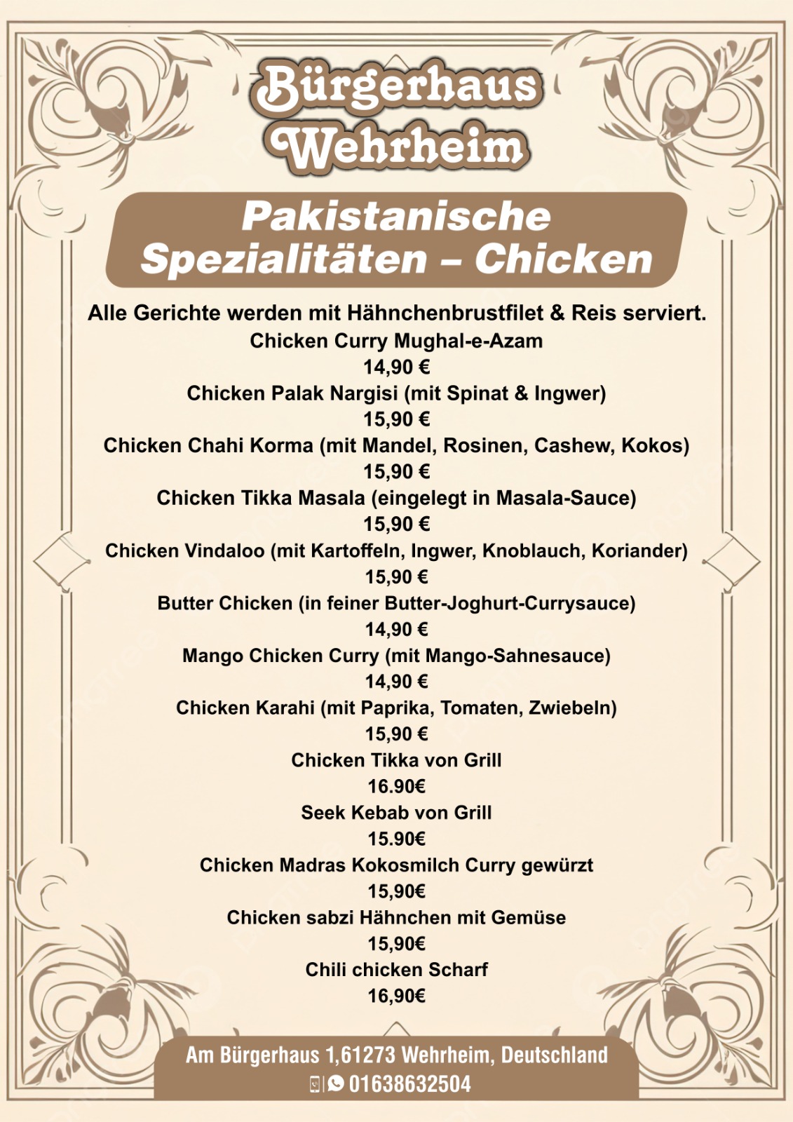 Chicken Specialties Menu